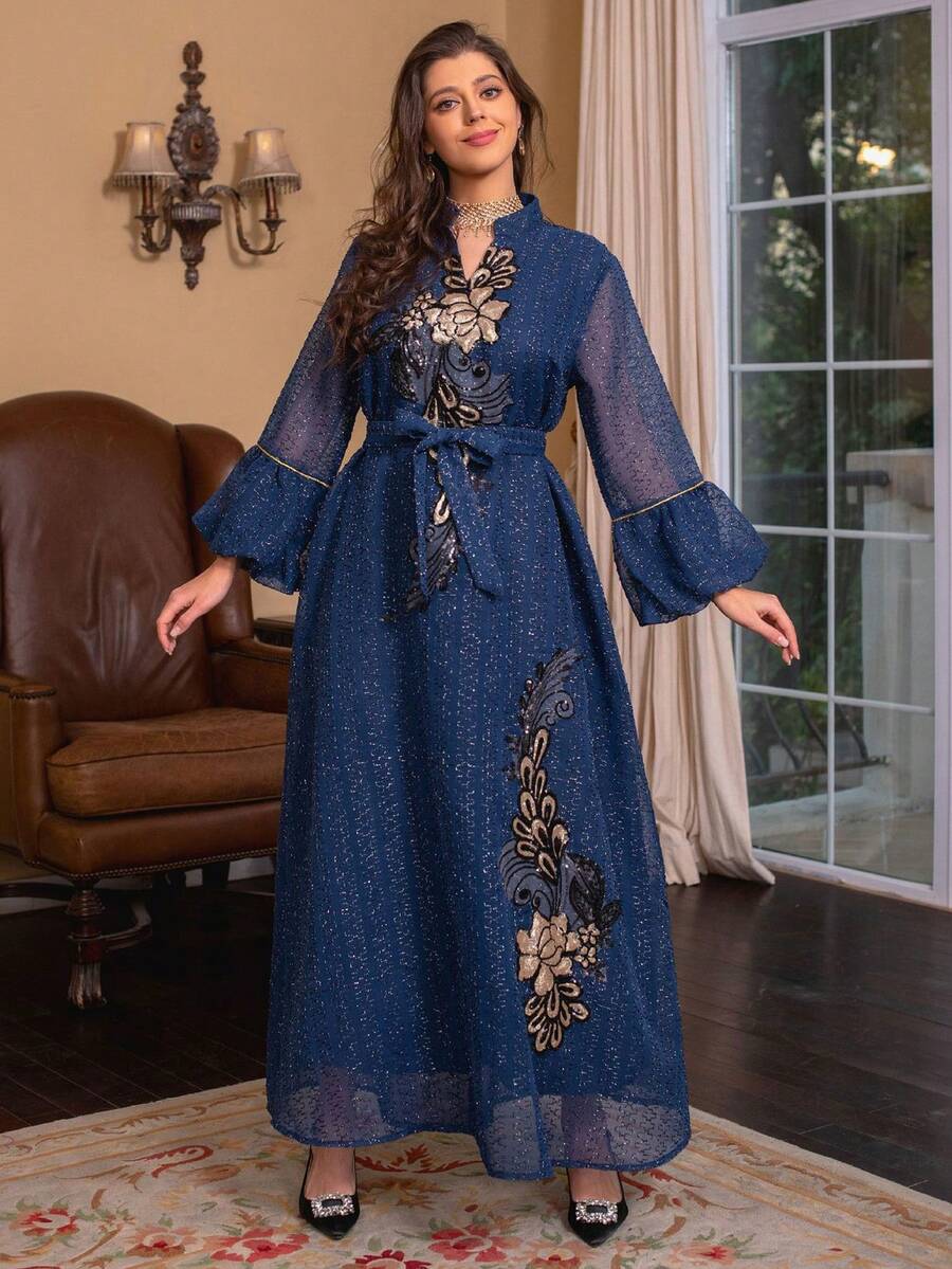SISKAKIA Váy dài dự tiệc ngày lễ Abaya cho phụ nữ Hồi giáo cổ đứng khoét kim sa tay áo cánh hoa có thắt lưng