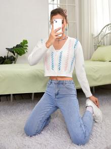 SHEIN EZwear Drop Shoulder Crop Cardigan - Beige - View 3