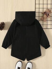 SHEIN Young Boy Letter Patched Detail Teddy Lined Hooded Coat - Black - View 2