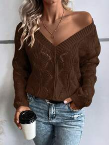 EMERY ROSE Chất rắn Thả vai Dệt kim chấm bi Áo len - Cà phê nâu - Xem 1