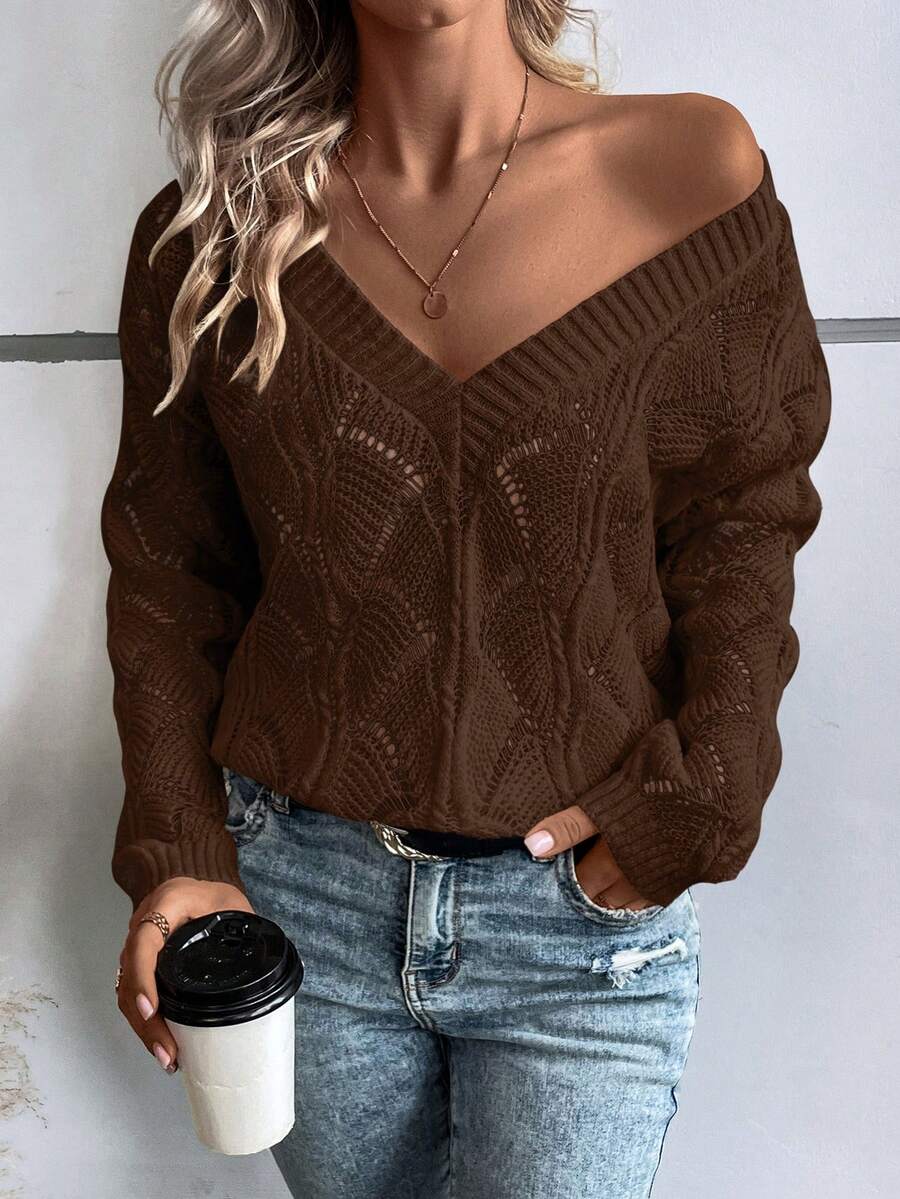 EMERY ROSE Chất rắn Thả vai Dệt kim chấm bi Áo len - Cà phê nâu - Xem 1