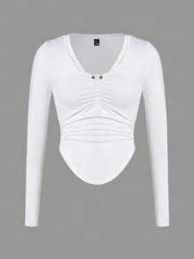 SHEIN MOD 素色前收褶弧形下擺T恤 - 白色 - 查看 1