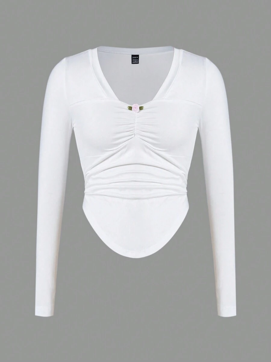 SHEIN MOD 素色前收褶弧形下擺T恤 - 白色 - 查看 1