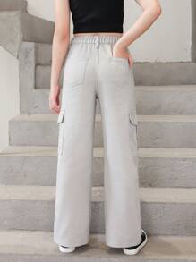 Tween Girl Flap Pocket Side Cargo Jeans - Light Grey - View 2