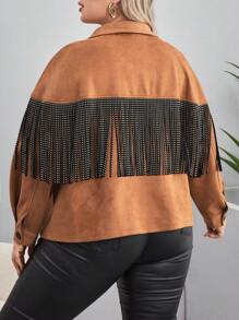 SHEIN LUNE 大碼流蘇邊落肩袖仿麂皮夾克 - 棕色 - 查看 3