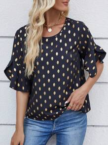 SHEIN LUNE Blusa con estampado de lunares dorados manga tulipán - Azul Marino - Ver 5