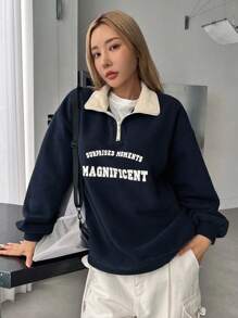 DAZY Letter Graphic Quarter Zip Drop Shoulder Thermal Lined Sweatshirt,Fall Clothes - Navy Blue - View 3