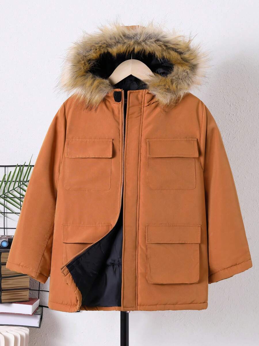SHEIN Tween Boy 毛绒装饰翻盖口袋连帽保暖衬里棉服 - 鏽棕色 - 查看 1