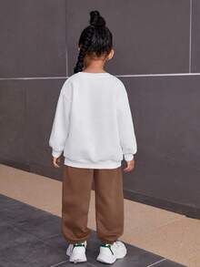 SHEIN 女小童字母圖案落肩袖衛衣和衛褲 - 棕色 - 查看 2