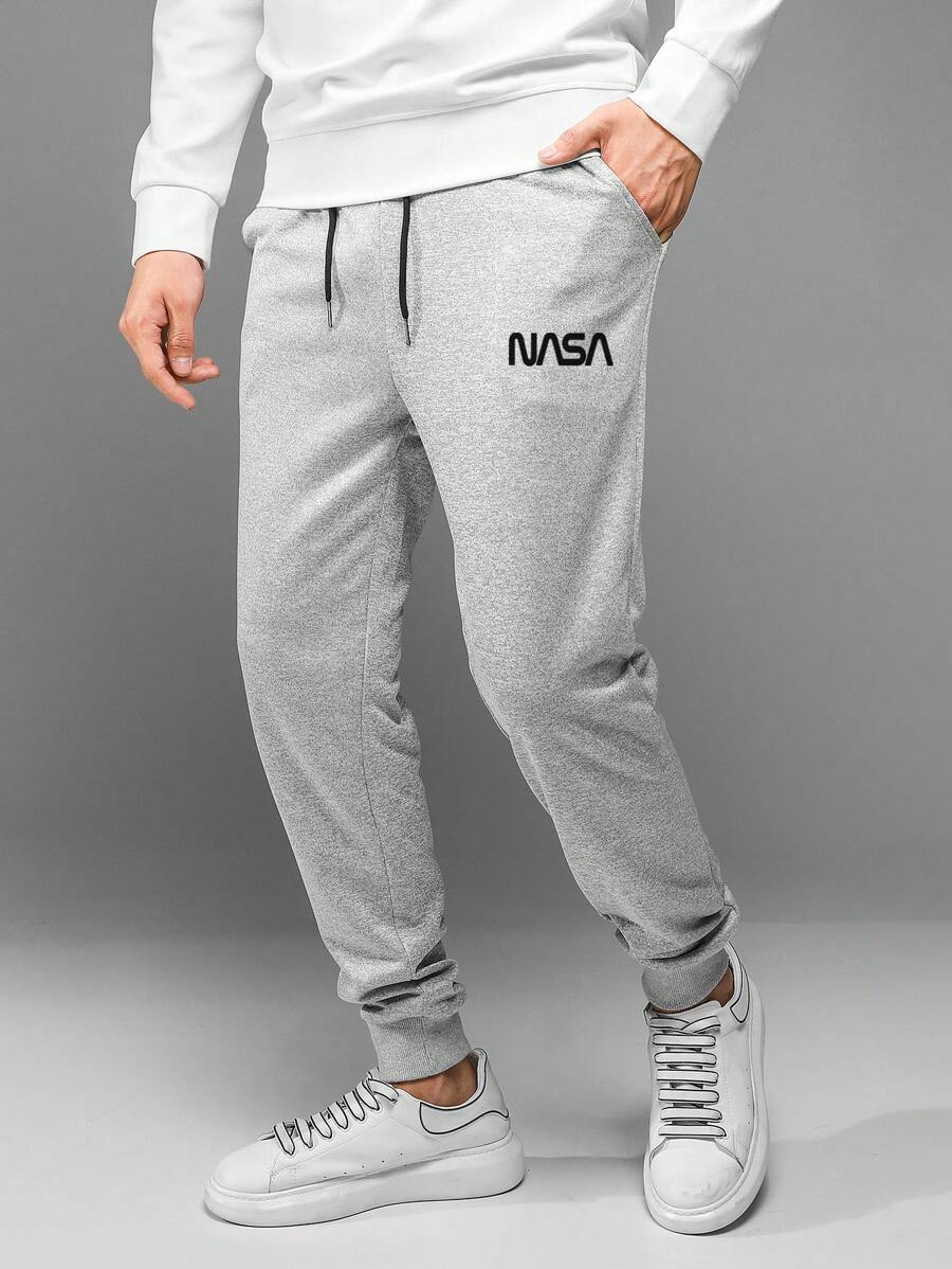 RueChic Men Letter Graphic Drawstring Waist Joggers - Grey - View 1