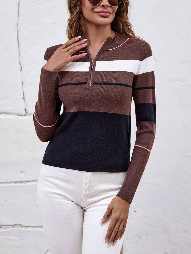 SHEIN Clasi 撞色半拉鏈套頭毛衣 - 彩色 - 查看 5