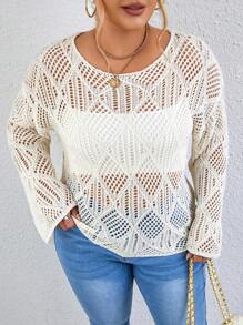 Calvaya Plus Drop Shoulder Open Knit Sweater Without Cami Top Knit Pullover Fall Winter Sweater - Khaki - View 3