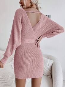 Chiquease Chất rắn Bọc tay cánh Thắt lưng Đầm Áo len - Bụi hồng - Xem 2
