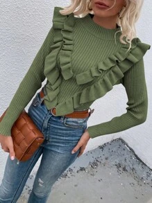 Chiquease Mock Neck Ruffle Trim Ribbed Knit Sweater Knit Pullover Fall Winter Outfit - Green - View 4