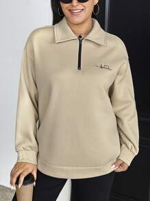 SHEIN Essnce Plus Letter Embroidery Half Zip Drop Shoulder Sweatshirt - Apricot - View 6
