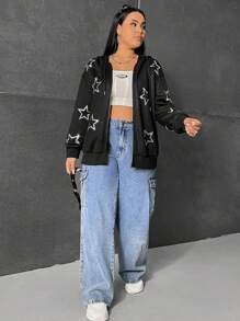 SHEIN EZwear Áo nỉ dáng rộng, họa tiết ngôi sao đính đá, vai rớt, dây rút. - màu đen - Xem 5
