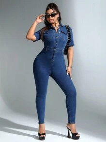 SHEIN ICON Hơn Nút phía trước Túi có nắp Áo liền quần Denim Áo liền quần - Màu xanh lam - Xem 4