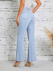 SHEIN LUNE 高腰腰帶牛仔喇叭褲 - 淺色水洗藍 - 查看 2