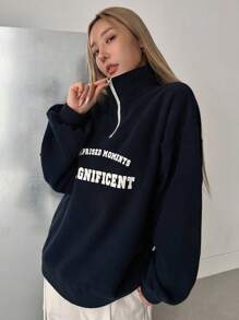 DAZY Letter Graphic Quarter Zip Drop Shoulder Thermal Lined Sweatshirt,Fall Clothes - Navy Blue - View 5