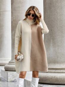 SHEIN LUNE Two Tone Turtleneck Drop Shoulder Sweater Dress - Khaki - View 1