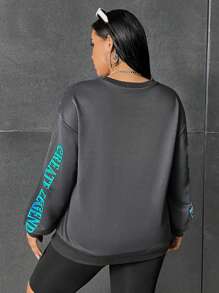 SHEIN EZwear 大碼字母和卡通圖案落肩袖運動衫 - 深灰色 - 查看 2