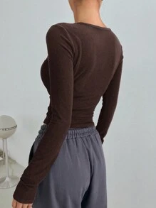 DAZY Solid Crop Tee,Fall Clothes Long Sleeve Women Tops - Coffee Brown - View 2