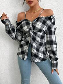 Chiquease 格紋印花挖肩前扭結襯衫 - 彩色 - 查看 5