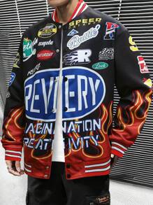 Manfinity EMRG 男士火和字母圖案條紋飾邊學院風夾克無連帽衫 - 黑色 - 查看 3