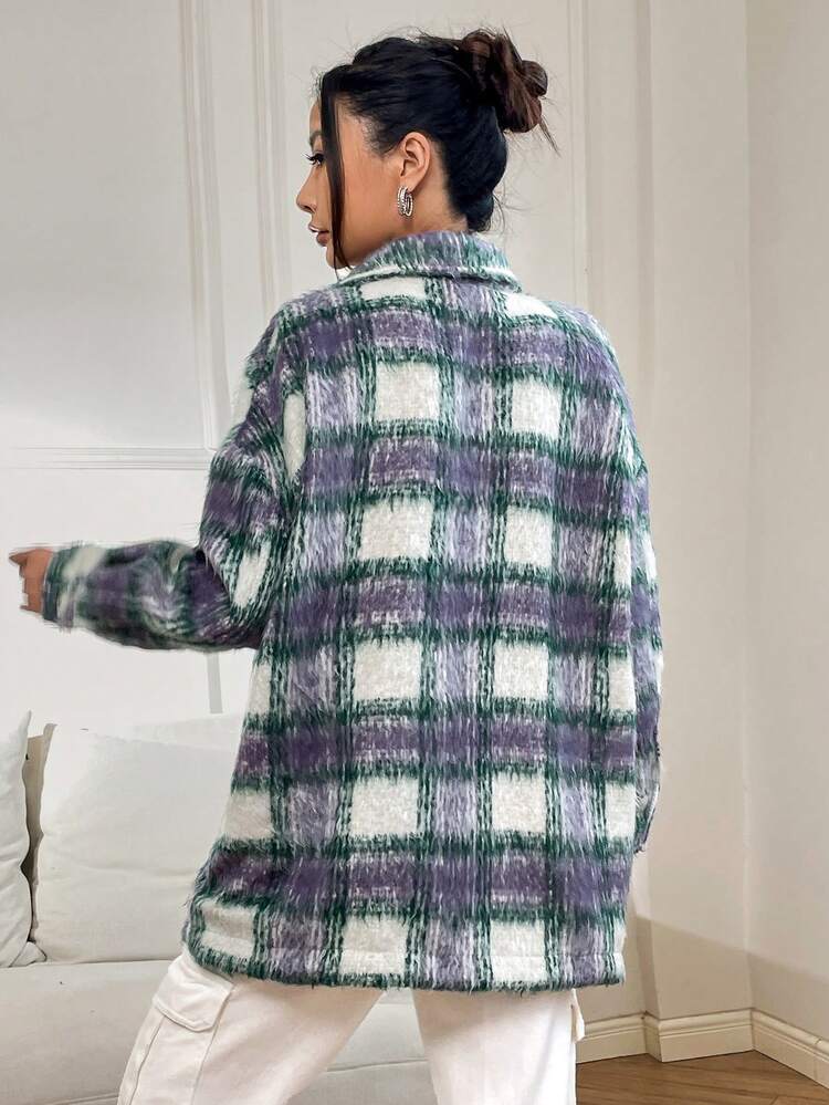 Plaid Print Drop Shoulder Overcoat Fall Cloth For Women