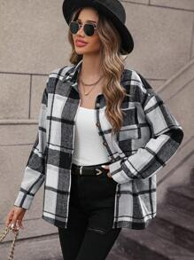 Plaid Print Drop Shoulder Patch Pocket Coat - White - View 4