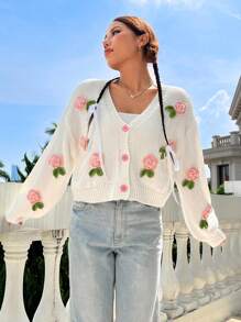 SHEIN Unity 花卉刺繡落肩袖開襟衫 - 彩色 - 查看 3