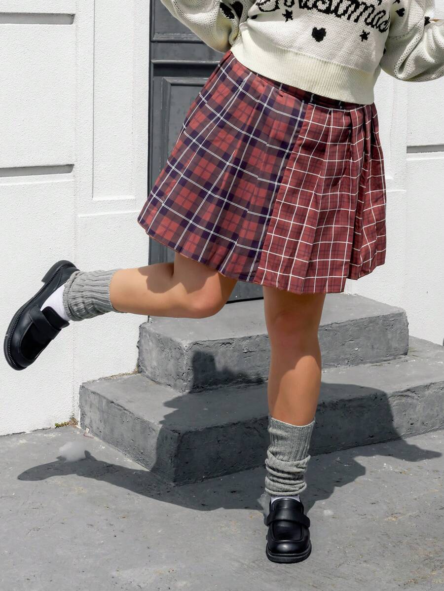 SHEIN EZwear Plus Plaid Print Pleated Skirt - Multicolor - View 1