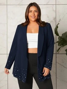 SHEIN Privé Hơn Khăn quàng Mở Mặt trước Áo vest - Màu xanh hải quân - Xem 1