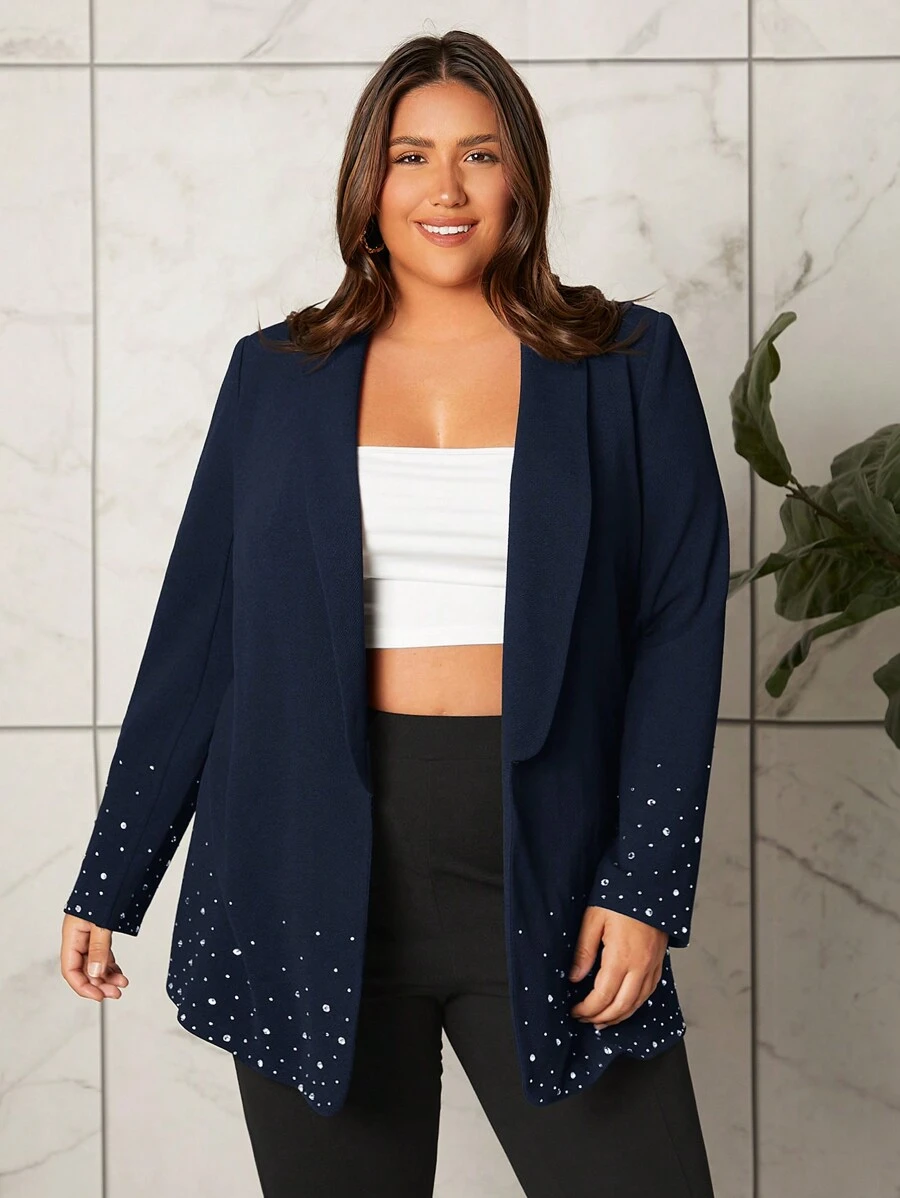 SHEIN Privé Hơn Khăn quàng Mở Mặt trước Áo vest - Màu xanh hải quân - Xem 1