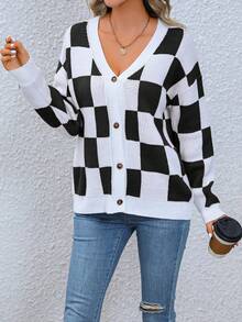 SHEIN Essnce Checkerboard Pattern Drop Shoulder Button Front Cardigan - Black - View 5
