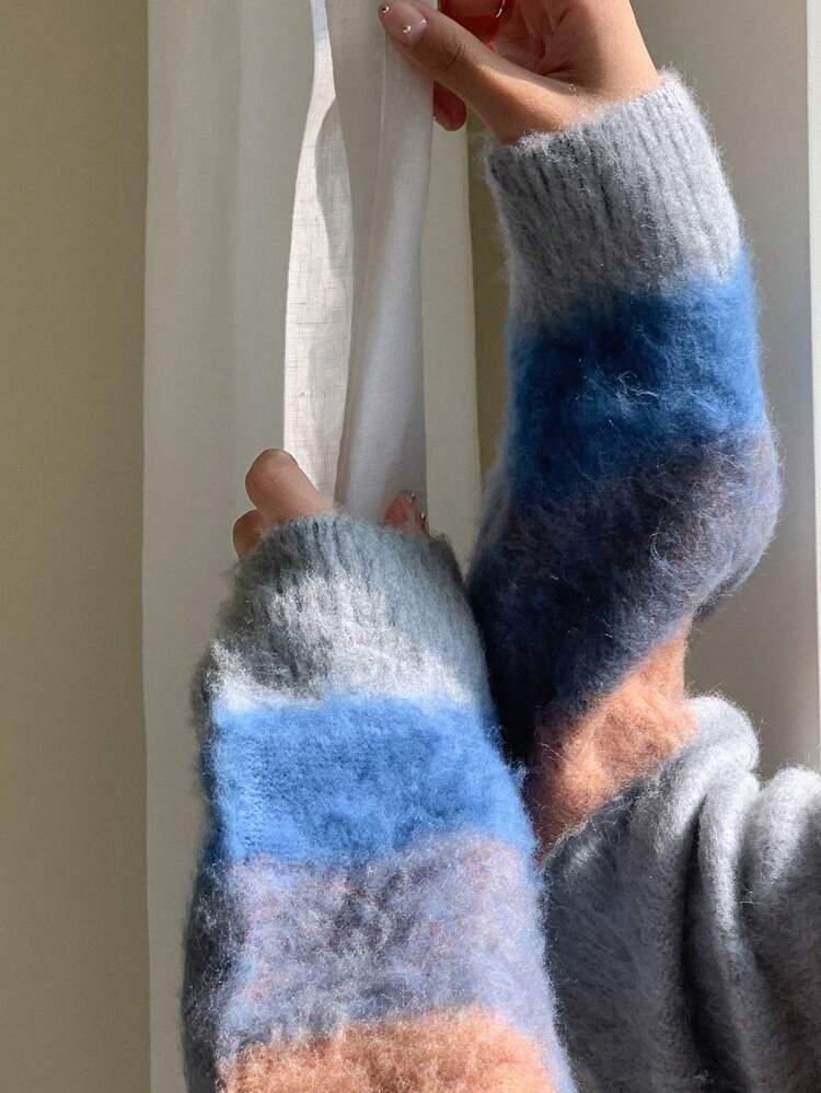 Color Block Drop Shoulder Fluffy Knit Sweater,Fall Women Clothes