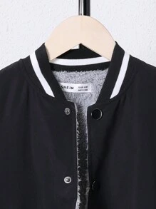 SHEIN Tween Boy Wings & Letter Graphic Striped Trim Drop Shoulder Jacket - Black - View 4