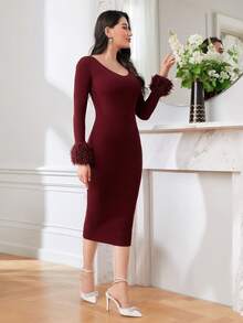 Modelyn Vestido suéter de color rojo burdeos sin cinturón con puños de felpa - Burdeos - Ver 3