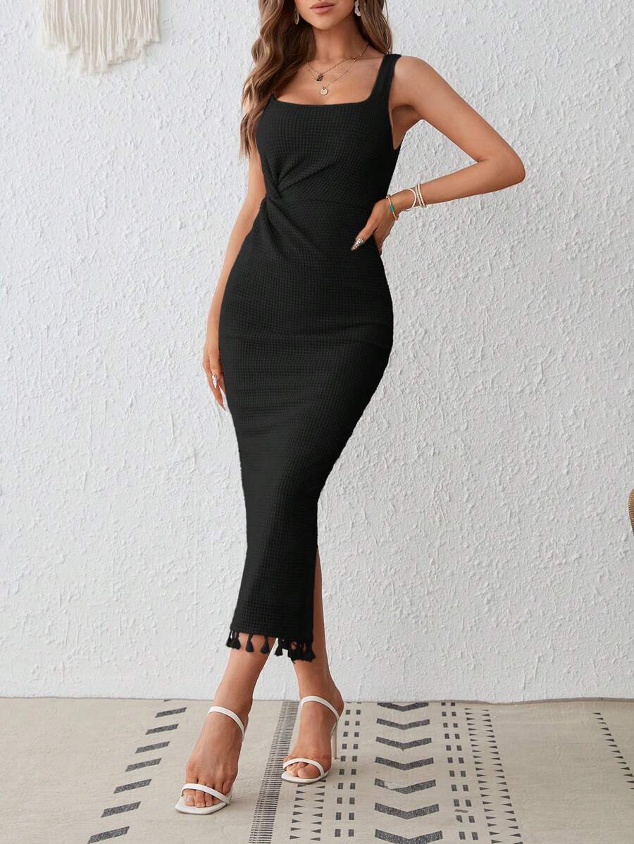 SHEIN VCAY Twist Front Split Thigh Fringe Hem Tank Dress - Black - View 1