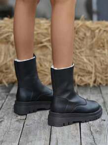 Women's Solid Color Front Zip Fur Trim Perfect With Fall Clothes Mid-Calf Thick Sole Match With Hoodies Winter Casual Boots - Black - View 6