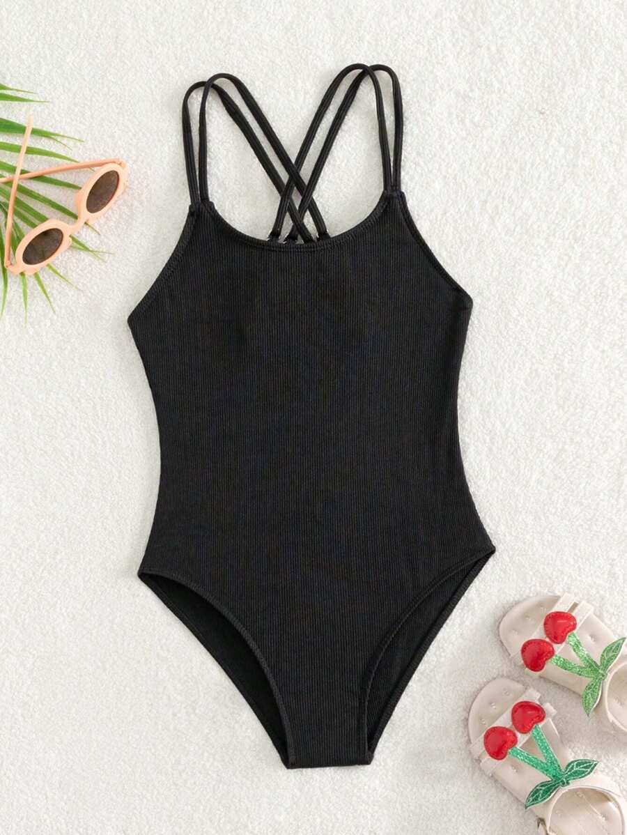 Cô gái Tween Thánh giá Đồ bơi một mảnh - màu đen - Xem 1