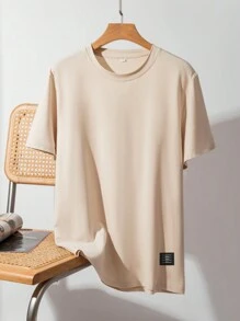 Manfinity Roughcore Men Letter Patched Detail Drop Shoulder Casual Short Sleeve Tee, Boyfriend Gift, For Work - Khaki - View 3