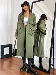 SHEIN Unity Double Breasted Belted Trench Coat - Army Green - View 6