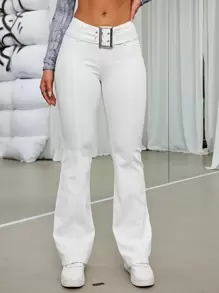 Quần jeans ống loe thắt lưng màu trơn thời trang đơn giản, phù hợp mặc hàng ngày - trắng - Xem 4