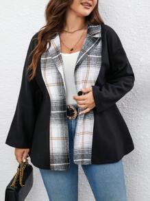 SHEIN Unity Plus Plaid Print Drop Shoulder Overcoat - Black - View 5