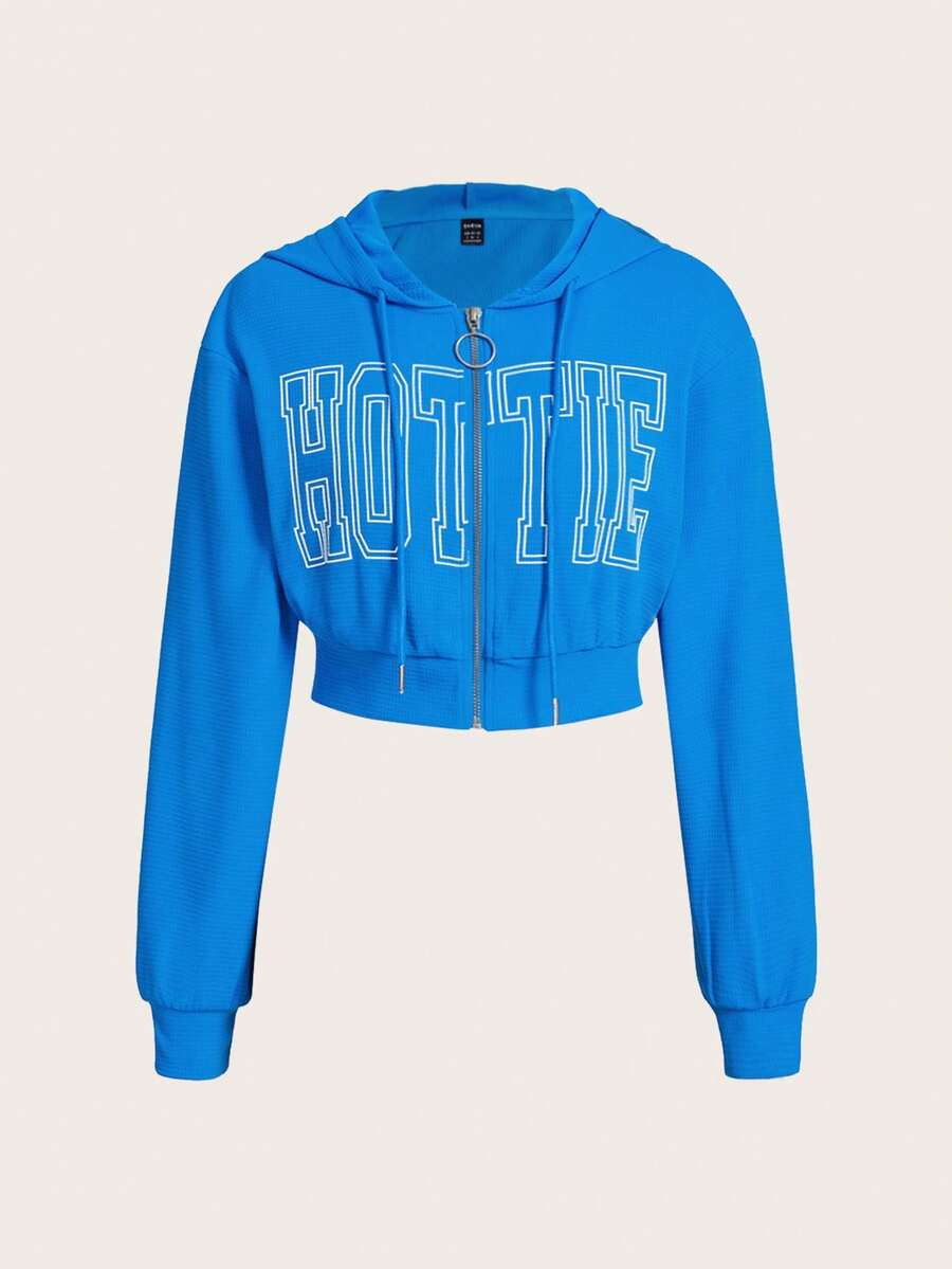 SHEIN ICON Đồ họa Chữ cái Dây kéo Dây rút Áo hoodie ngắn - Màu xanh lam - Xem 1