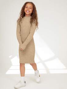 SHEIN Tween Girl Mock Neck Ribbed Knit Sweater Dress - Khaki - View 7