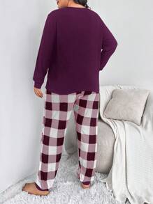 Plus Buffalo Plaid Print Pocket Patched Tee & Trousers PJ Set - Multicolor - View 2