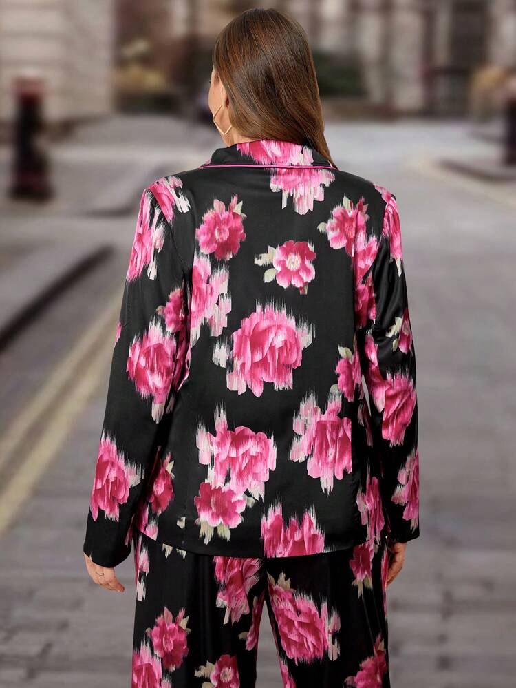 Plus Floral Print Satin Blazer