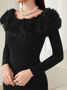 Modelyn Fuzzy Trim Bodycon Sweater Dress - Black - View 5